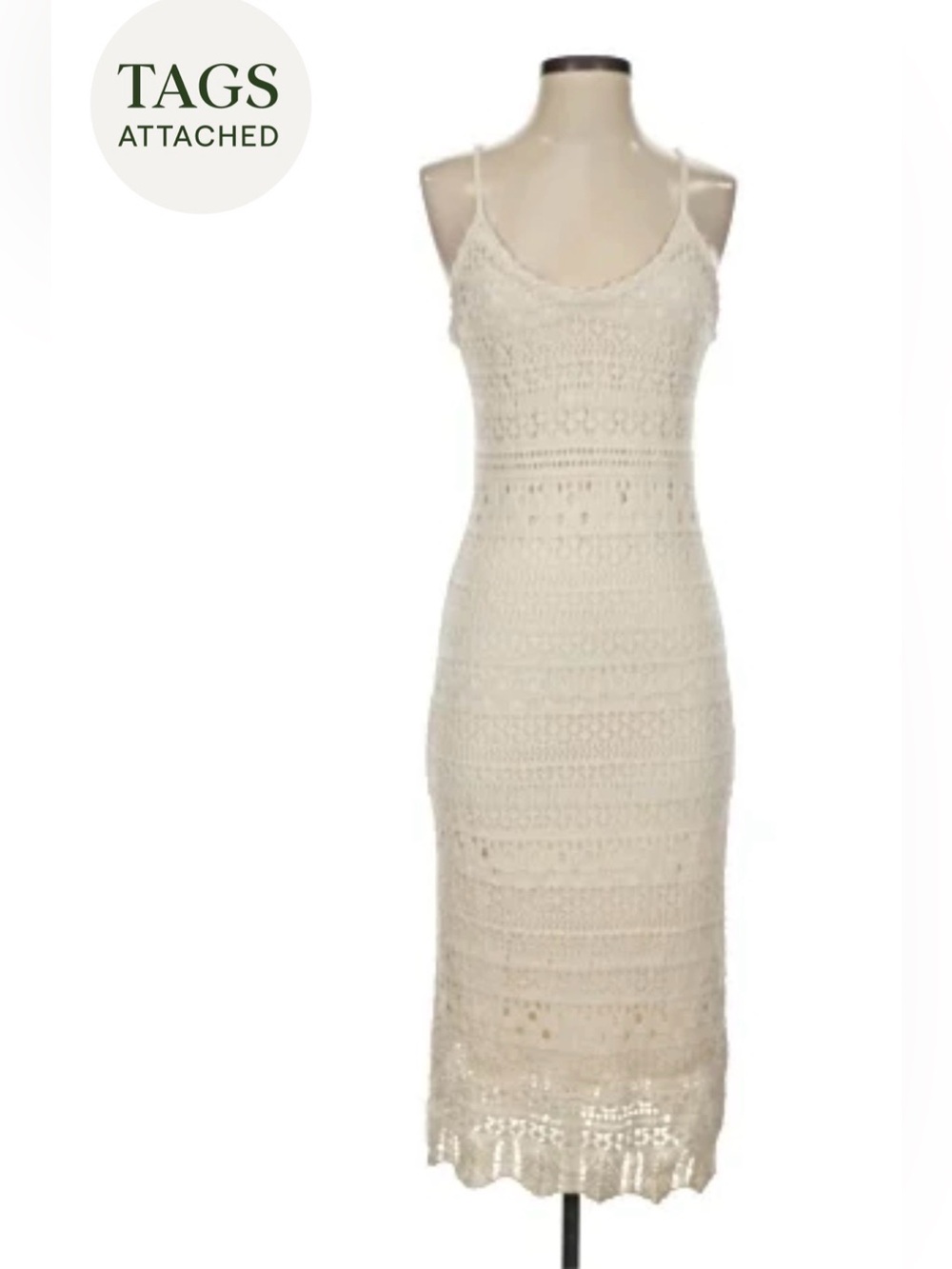 NWT Freshman 1996 Cream Crochet Midi Dress with Spaghetti Straps